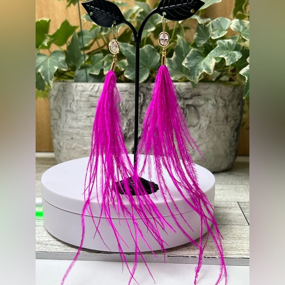 Long Dangle Pink Feather Hippie Chic Earrings - Fun Boho Chic Earrings - Picture 3 of 13